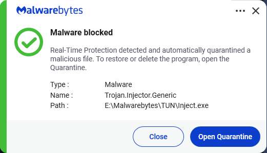 Malwarebytes blocks Trojan.Injector.Generic