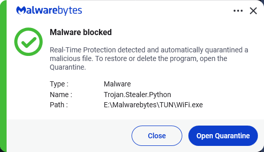 Malwarebytes blocks Trojan.Stealer.Python