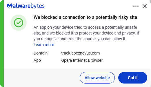Malwarebytes blocks apexnovus.com