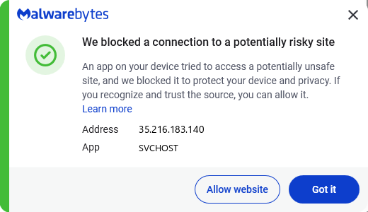 Malwarebytes blocks 35.216.183.140