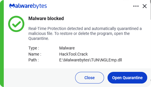 Malwarebytes blocks HackTool.Crack
