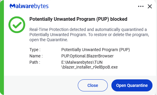 Malwarebytes blocks PUP.Optional.BlazerBrowser