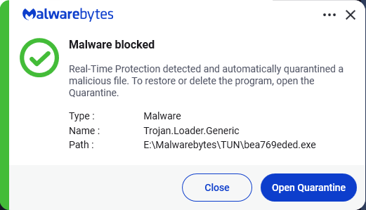 Malwarebytes blocks Trojan.Loader.Generic