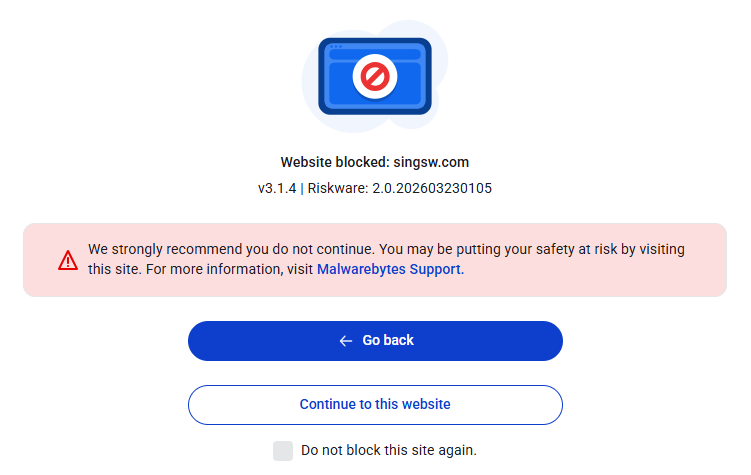 Malwarebytes Browser Guard blocks singsw.com