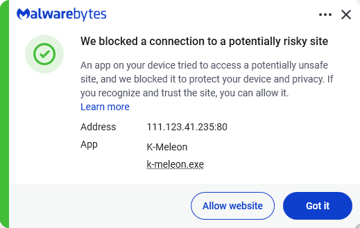 Malwarebytes blocks 111.123.41.235