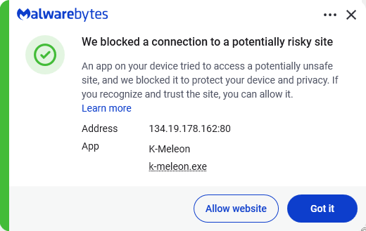 Malwarebytes blocks 134.19.178.162