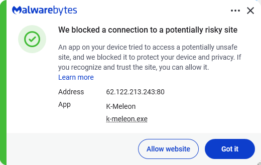 Malwarebytes blocks 62.122.213.243