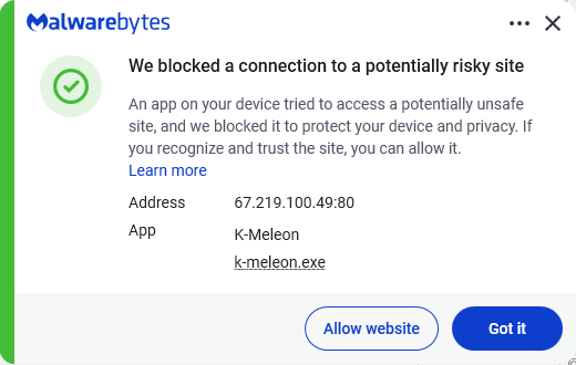 Malwarebytes blocks 67.219.100.49