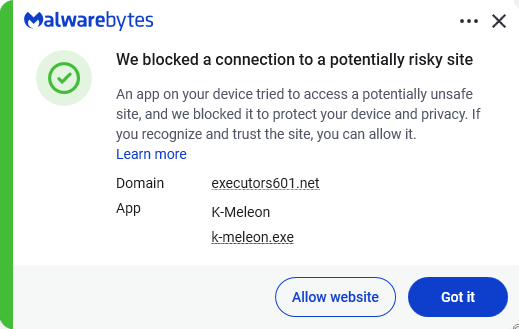 Malwarebytes blocks executors601.net
