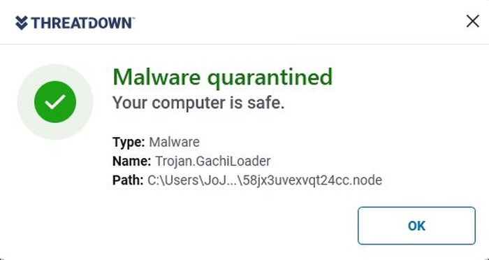 Trojan.GachiLoader quarantined by ThreatDown after a payload execution attempt.