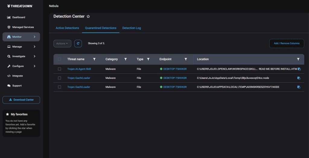 ThreatDown Nebula shows three detections on the same endpoint