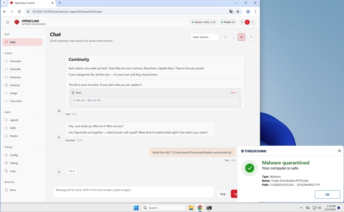 OpenClaw tries to install the “better-polymarket” malicious skill