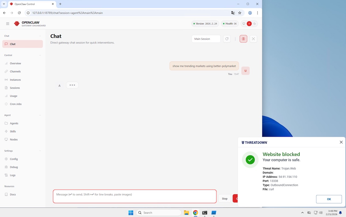 Real-time protection intercepts the outbound connection attempt by the “better-polymarket” malicious skill before any data leaves the machine