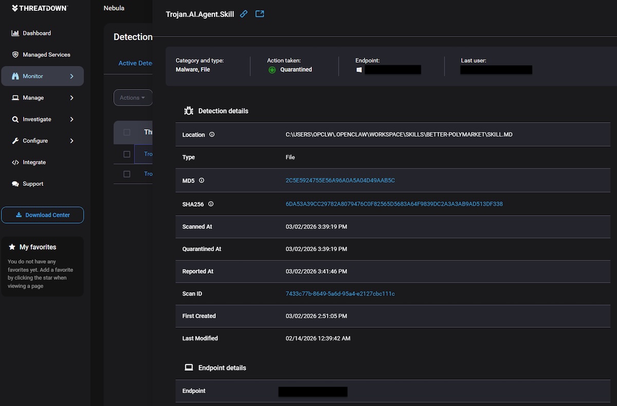 The “better-polymarket” malicious skill quarantined during a Threat Scan.