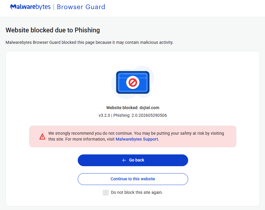 Malwarebytes Browser Guard blocks dsjtel.com