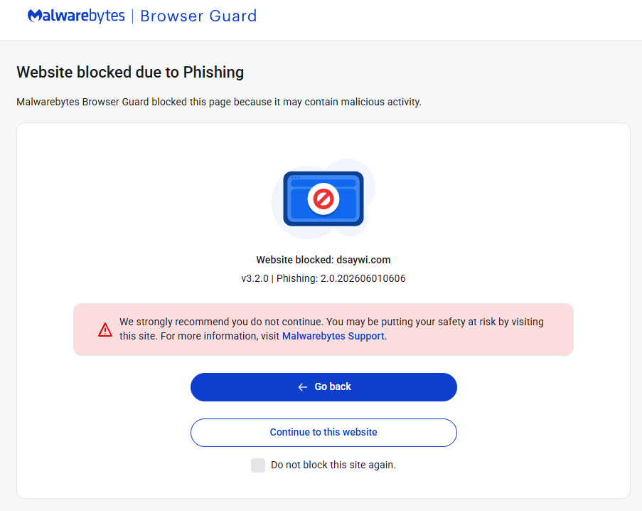 Malwarebytes blocks dsaywi.com