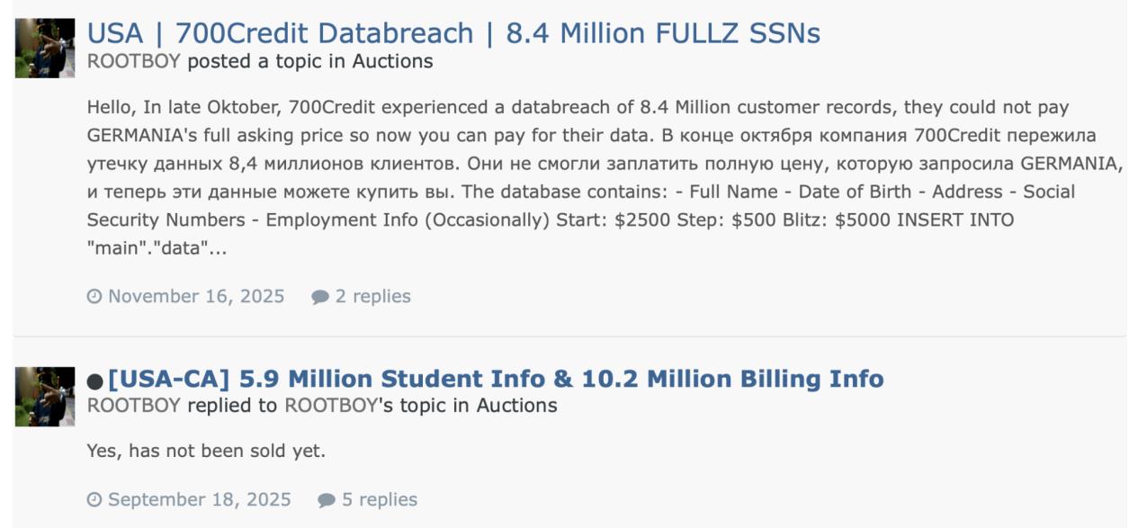ROOTBOY's 700Credit auction post naming GERMANIA.