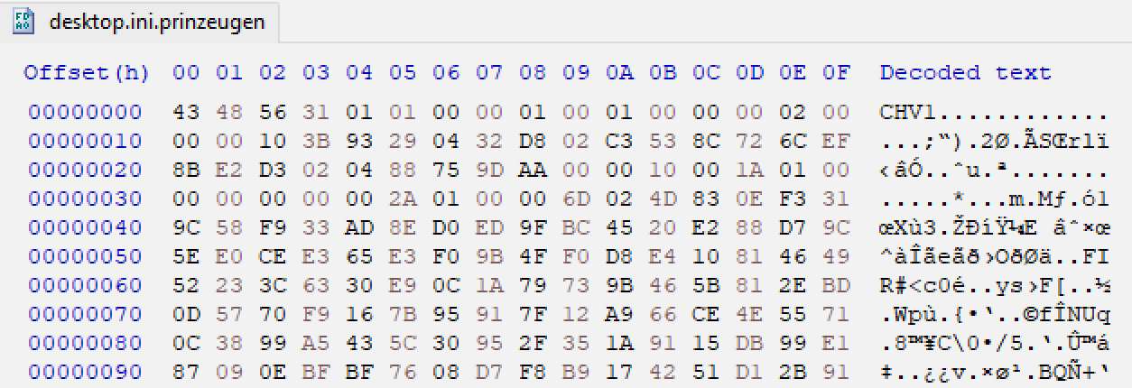An example of a file encrypted by Prinz Eugen ransomware displaying the visible magic header.