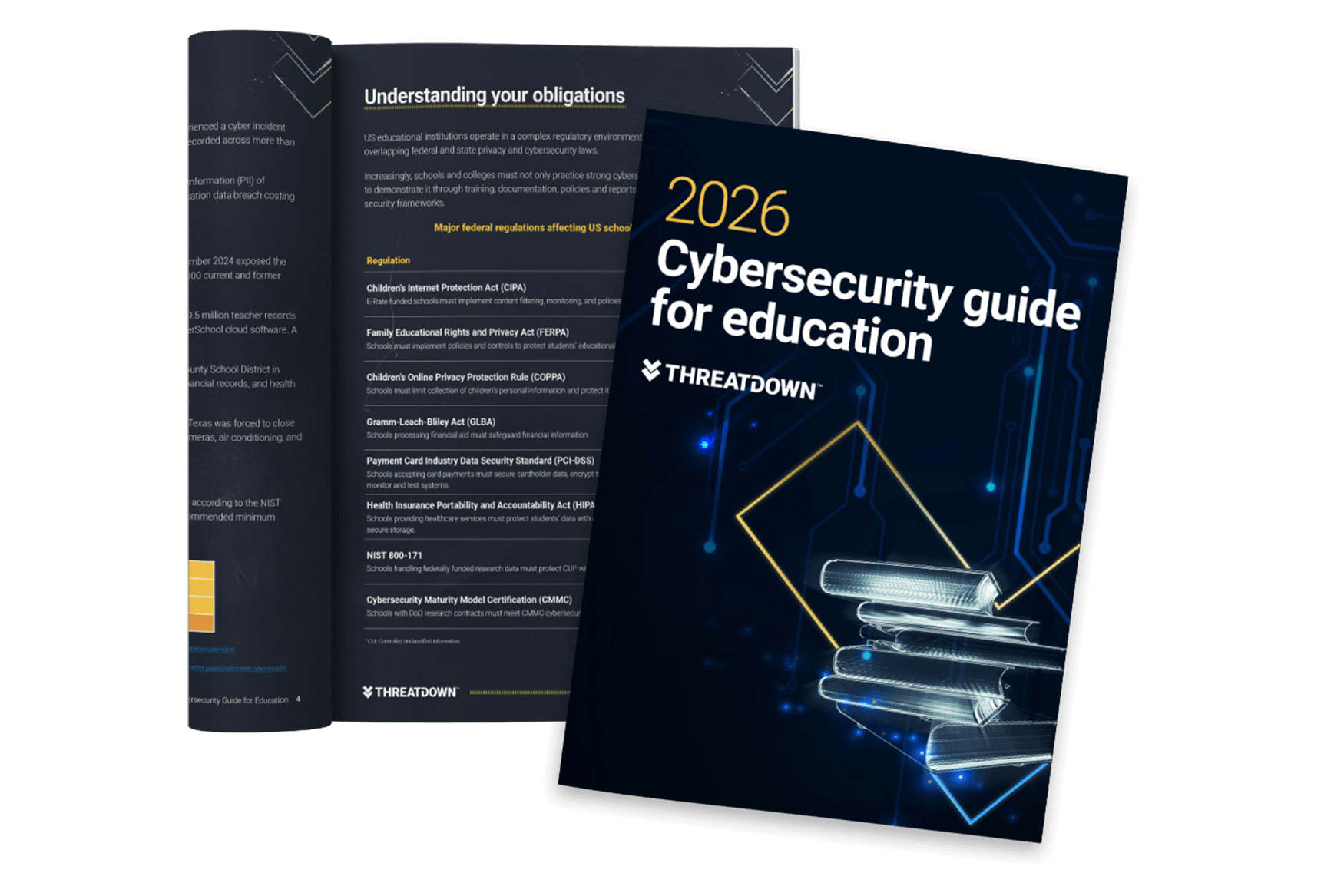 ThreatDown 2026 Cybersecurity Guide for Education cover and inside page on regulatory obligations