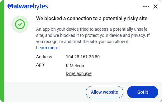 Malwarebytes blocks 104.28.161.35