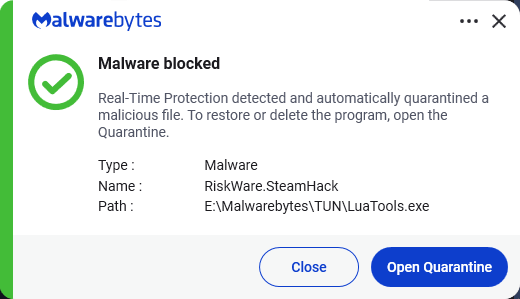 Malwarebytes blocks RiskWare.SteamHack