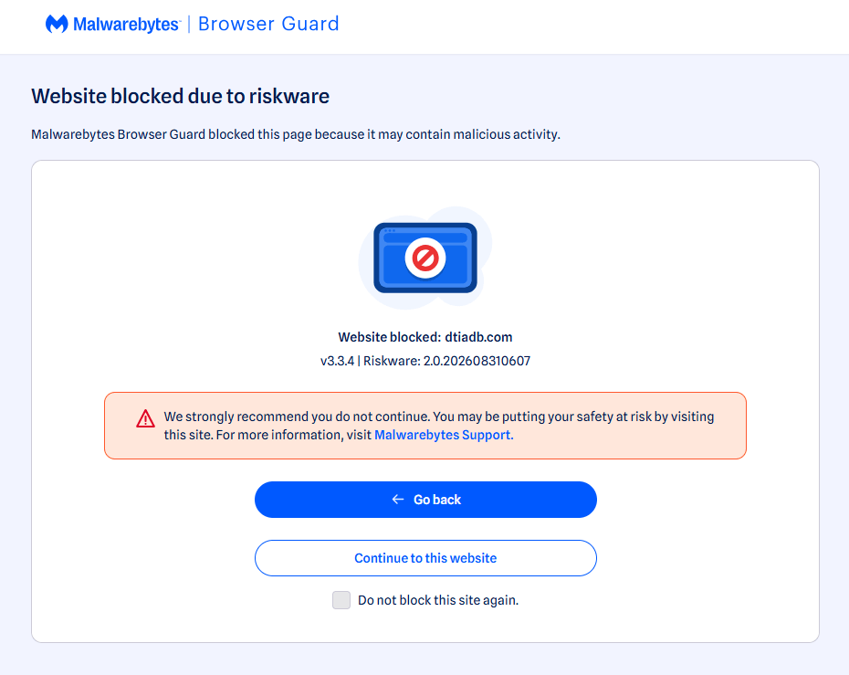 Malwarebytes blocks dtiadb.com