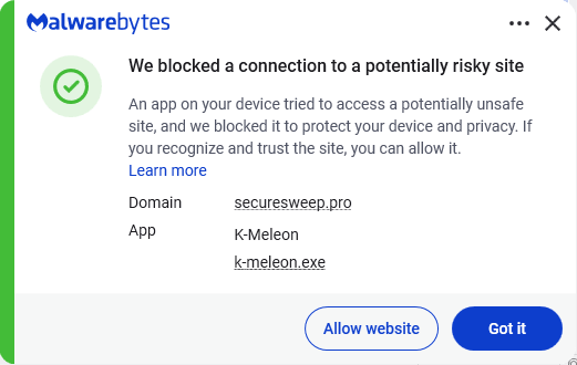 Malwarebytes blocks securesweep.pro