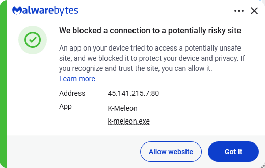 Malwarebytes blocks 45.141.215.7