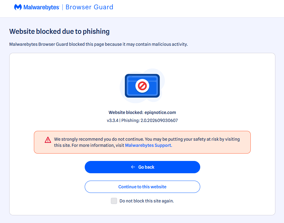 Malwarebytes blocks epiqnotice.com