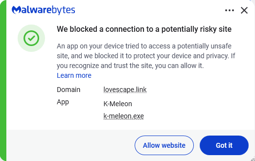 Malwarebytes blocks lovescape.link