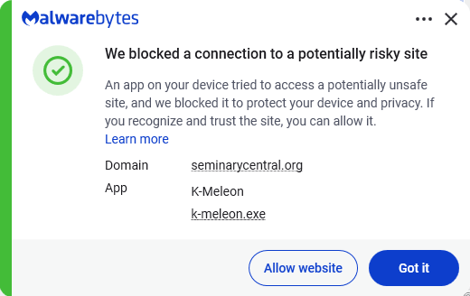 Malwarebytes blocks seminarycentral.org