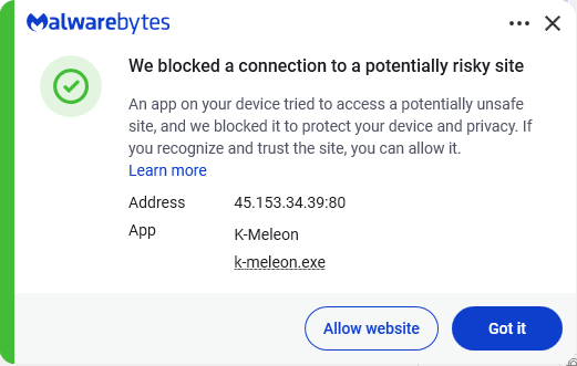 Malwarebytes blocks 45.153.34.39