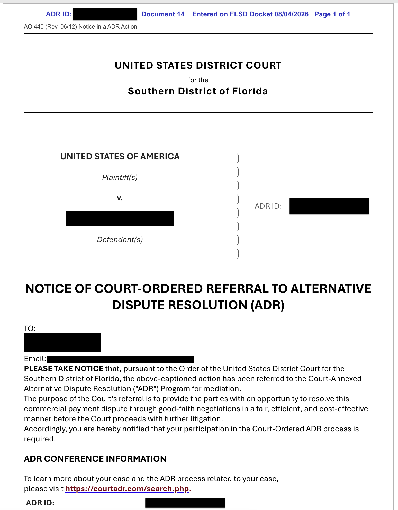 Figure 1: Contents of the phishing email, mimicking a document sent by the United States District Court, Southern District of Florida