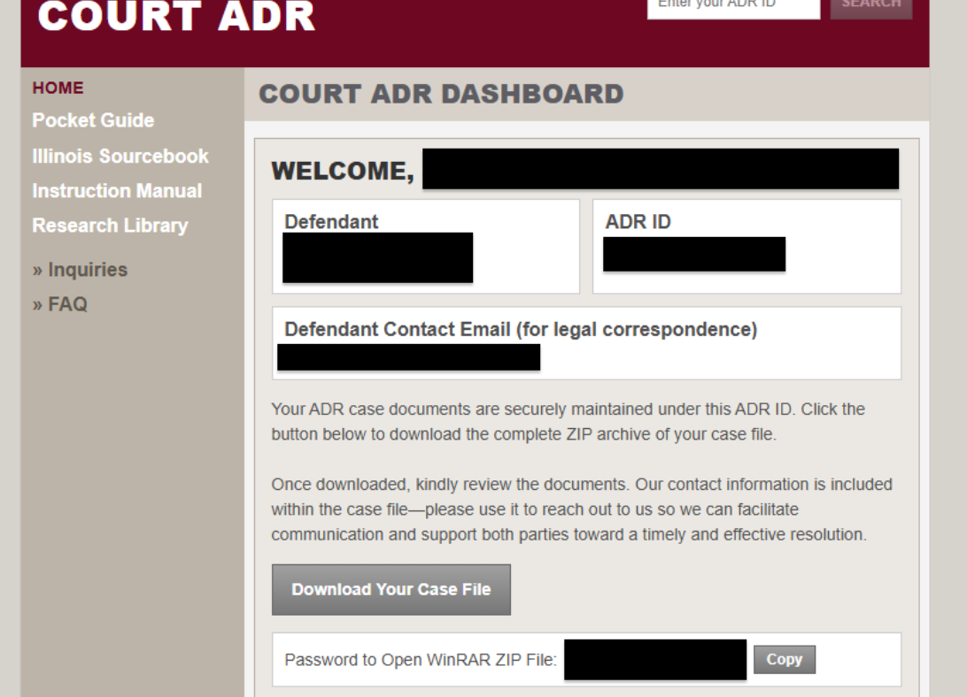 Figure 2: Fake court ADR website, personalized with information belonging to the target and a button to download the case file