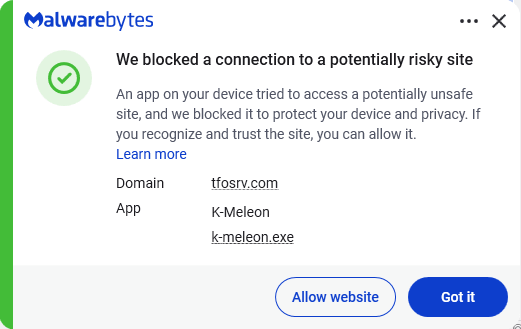 Malwarebytes blocks tfosrv.com